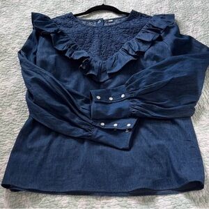 Spirit Navy Ruffle Yoke Long Sleeve Blouse